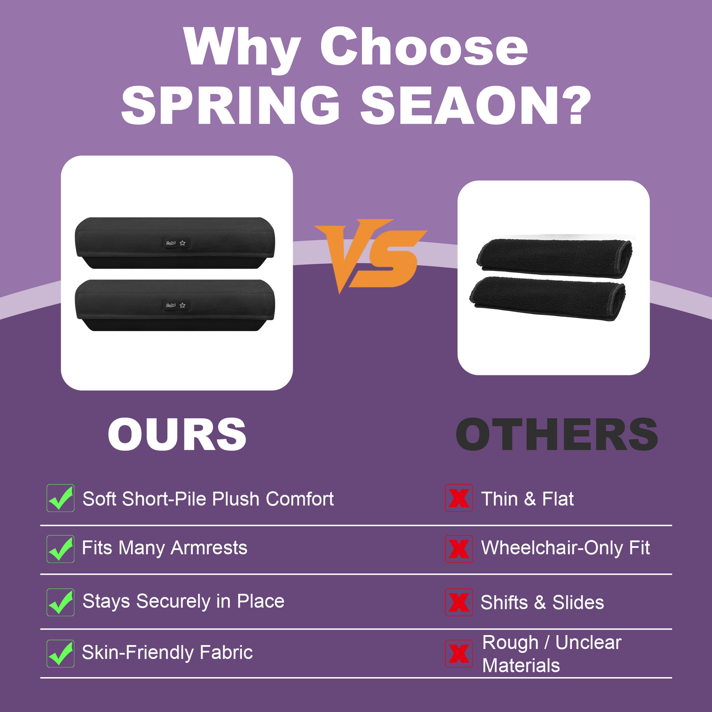 SPRING SEAON Purple Velvet Ergonomic Armrest Covers - Plush Memory Foam Pads for Office & Gaming Chairs