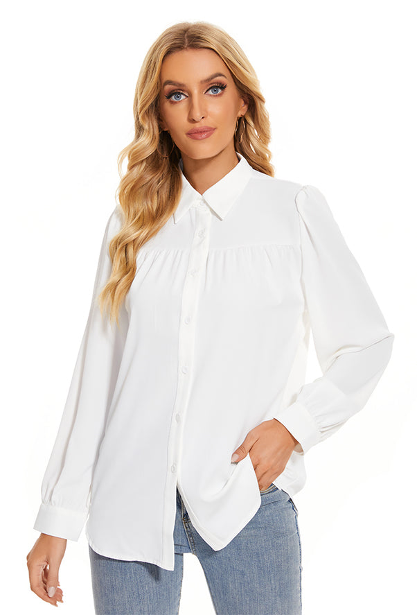 Women's Pleated Long Sleeve Chiffon Blouses in White