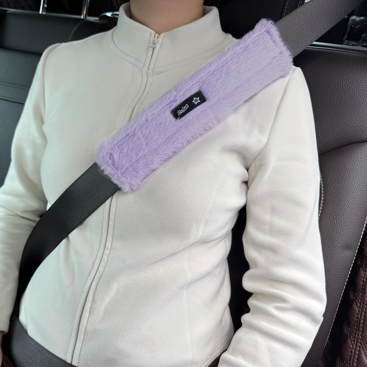 Color-​SPRING SEAON (2 Pack)Fluffy Seat Belt Cover Pad - Soft Shoulder Cushion with Pocket - SpringSeaon