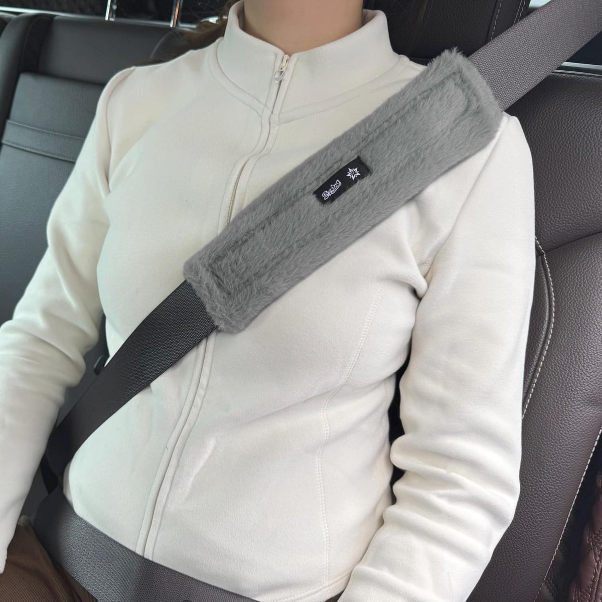 Color-​SPRING SEAON (2 Pack)Fluffy Seat Belt Cover Pad - Soft Shoulder Cushion with Pocket - SpringSeaon