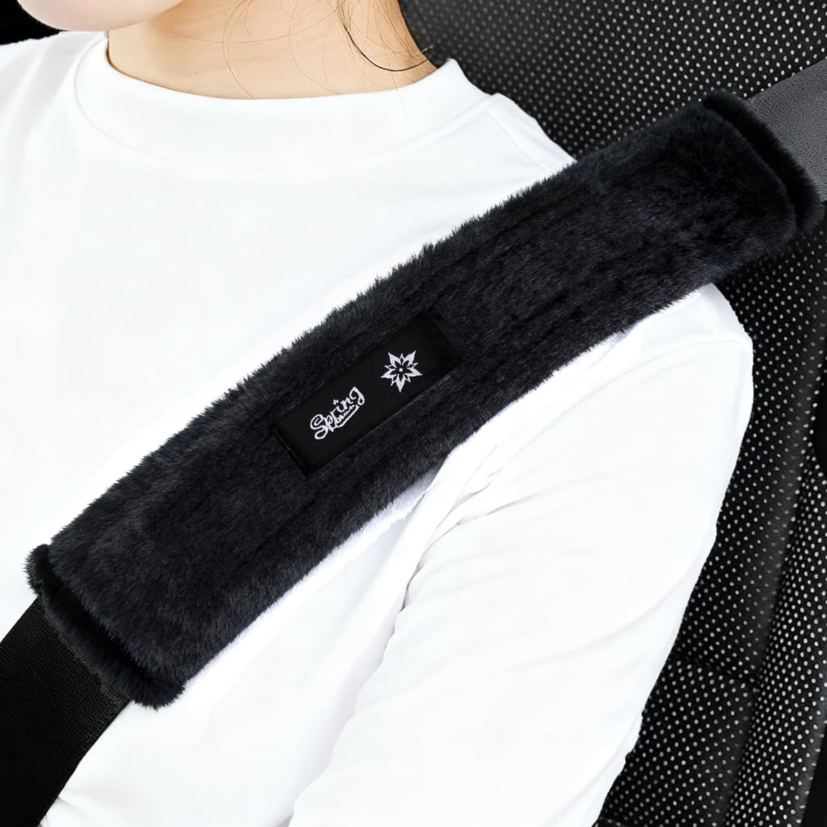 Color-​SPRING SEAON (2 Pack)Fluffy Seat Belt Cover Pad - Soft Shoulder Cushion with Pocket - SpringSeaon
