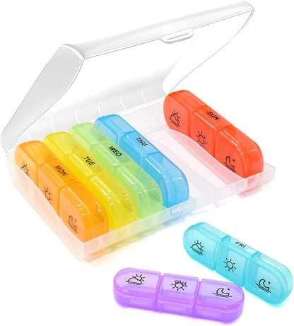 SPRING SEAON Weekly Pill Organizer Travel Pill Case Vitamins Box for Pills 3 Times a Day Extra Large Capacity Durable Hinge Easy Open Lids Medicine Container (Black & Colorful Options)