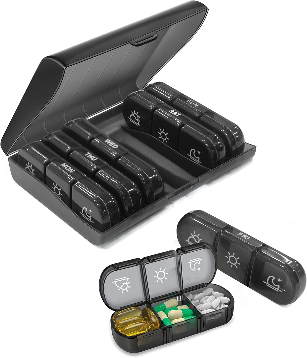 SPRING SEAON Weekly Pill Organizer Travel Pill Case Vitamins Box for Pills 3 Times a Day Extra Large Capacity Durable Hinge Easy Open Lids Medicine Container (Black & Colorful Options)