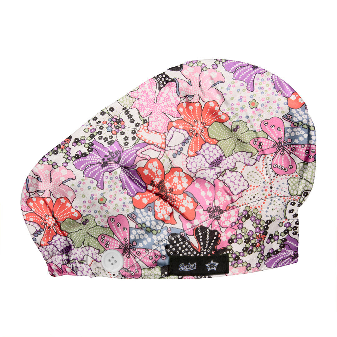 Women's Pink Flower Pattern Bouffant Hats Beanies - Working Cap Button Sweatband Adjustable