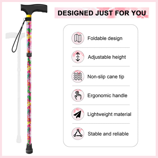 SpringSeaon Stylish Floral Folding Walking Cane - Lightweight Adjustable Stick for Travel & Daily Mobility
