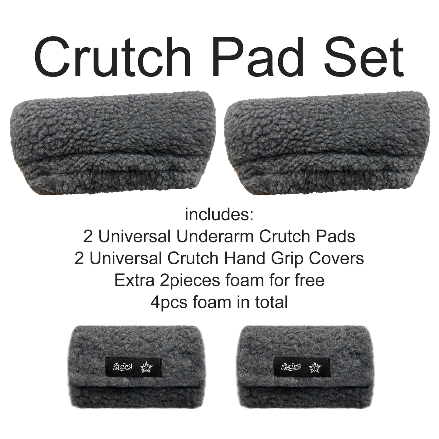 SPRING SEAON Gray Sherpa Crutch Pad & Hand‑Grip Covers Cushion for Crutches