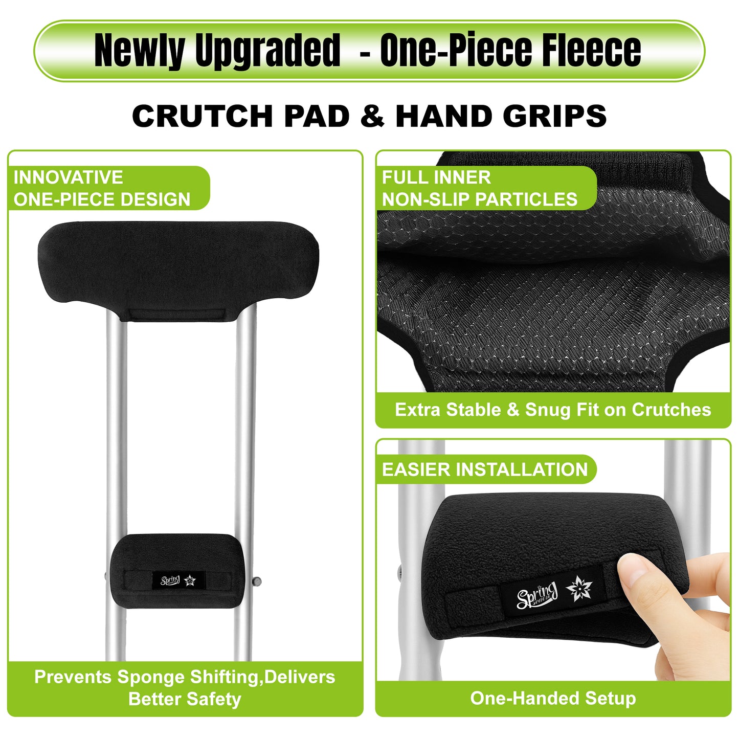 SPRING SEAON Universal Fleece Crutch Pads - Soft Underarm & Hand Grip Covers Set-Black