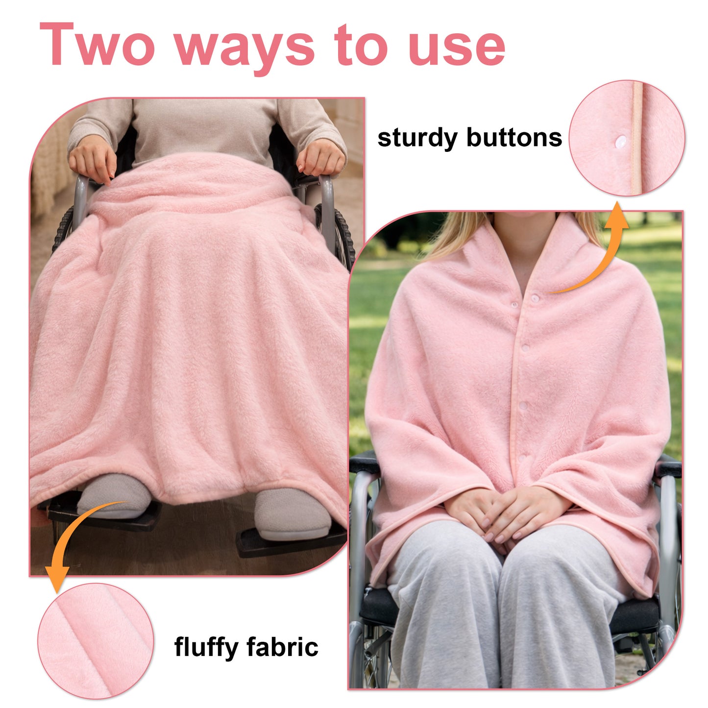 SPRING SEAON Wearable Wheelchair Blanket - Soft Fleece Shawl Poncho with Snaps Knee-Length