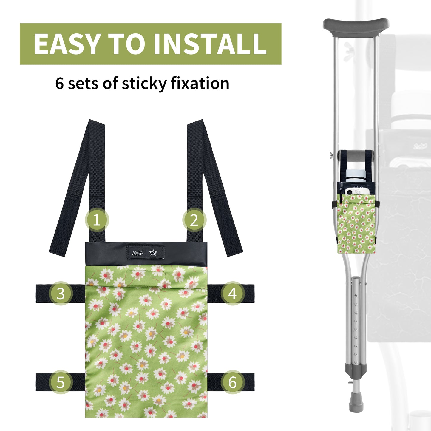 SpringSeaon Lightweight Crutch Storage Pouch,Water-Proof Crutch Bag-Crutches Accessories-Green flower