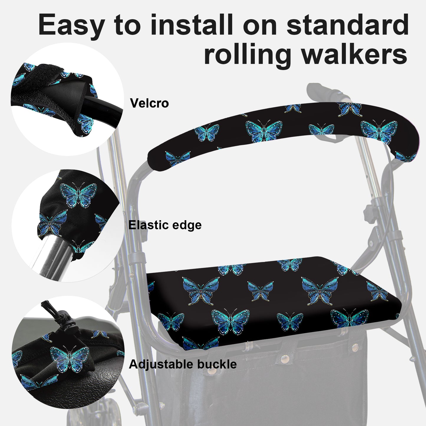 Unisex Rollator Walker Seat and Backrest Covers - Universal Soft Rollator Accessories (blue butterfly)