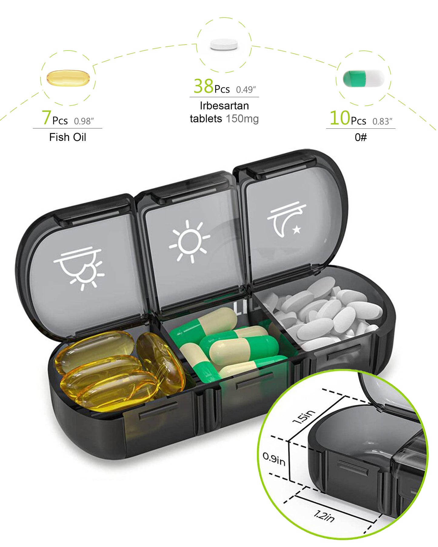 SPRING SEAON Weekly Pill Organizer Travel Pill Case Vitamins Box for Pills 3 Times a Day Extra Large Capacity Durable Hinge Easy Open Lids Medicine Container (Black & Colorful Options)