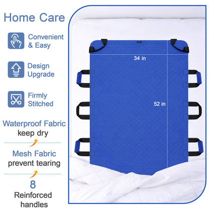 34" x 52" Positioning Bed Pad, Waterproof Transfer Sheet with 8 Reinforced Handles, Washable Reusable Patient Moving Pad(blue)