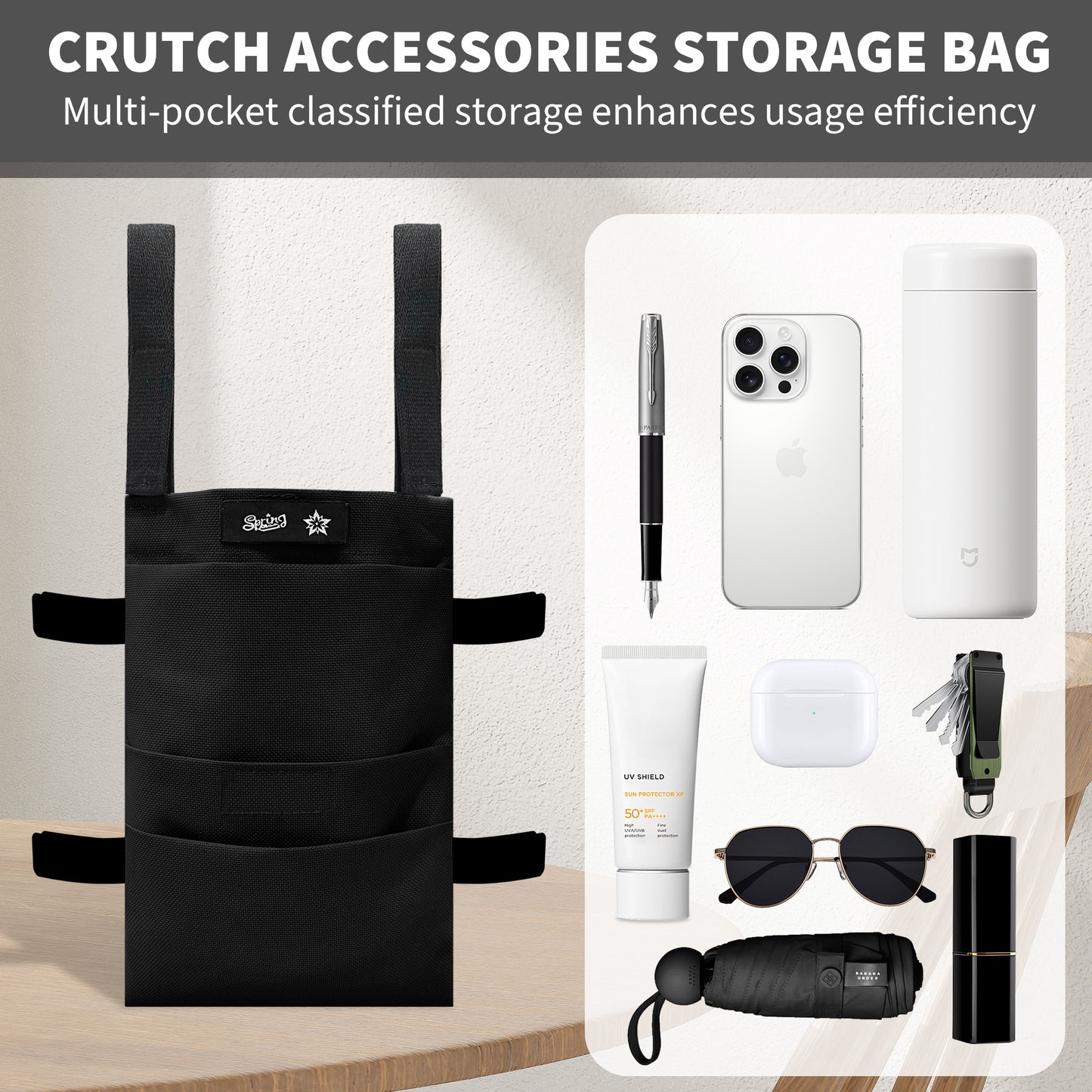 SpringSeaon Water-Resistant Crutch Pouch- Lightweight Universal Storage Bag-Crutch Accessories