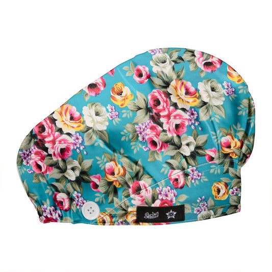 Women's Green Flower Bouffant Hats Beanies Working Cap Button Sweatband Adjustable