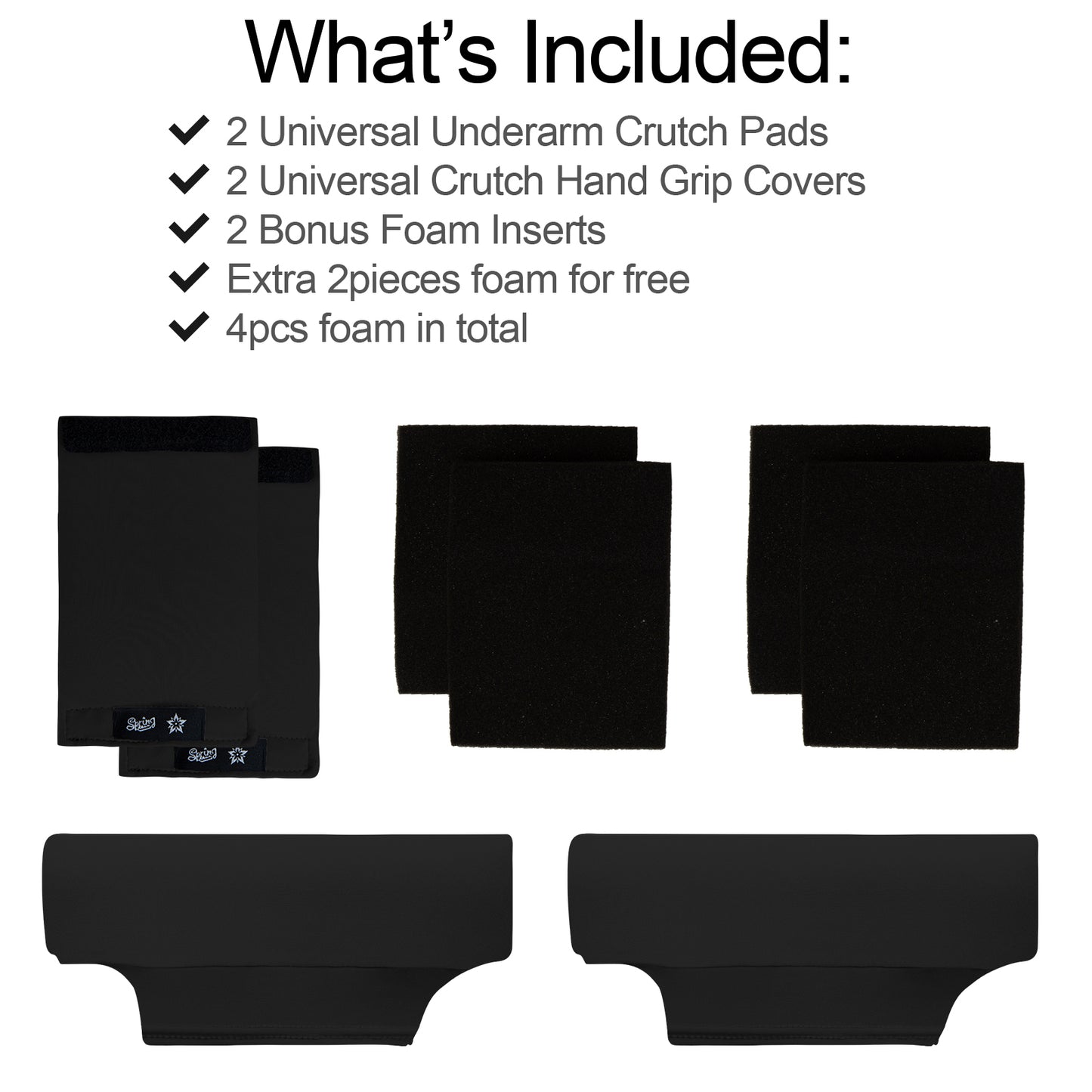 SpringSeaon Black Universal Underarm Crutch Pads & Hand Grips (Set of 4) - Breathable & Anti-Slip