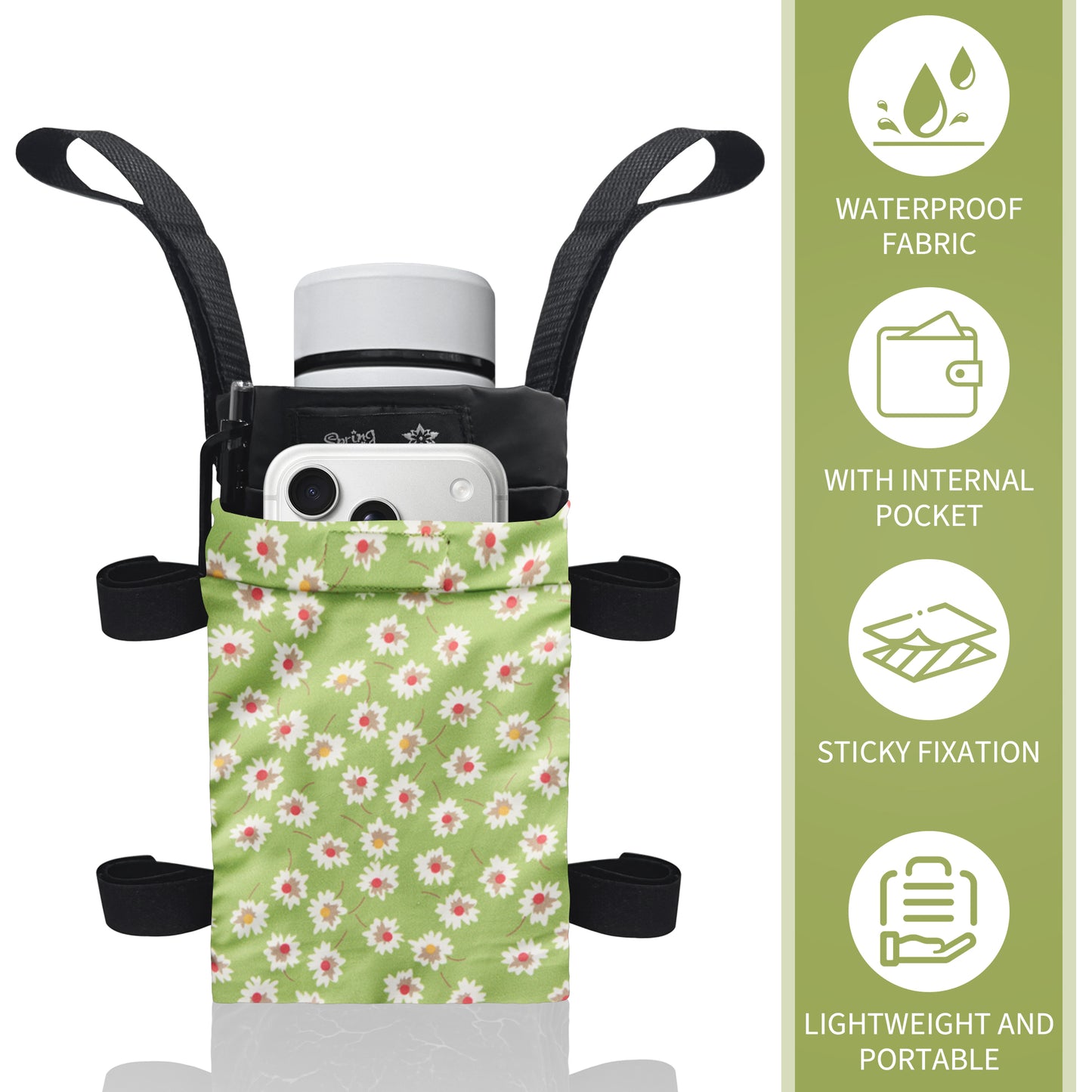 SpringSeaon Lightweight Crutch Storage Pouch,Water-Proof Crutch Bag-Crutches Accessories-Green flower