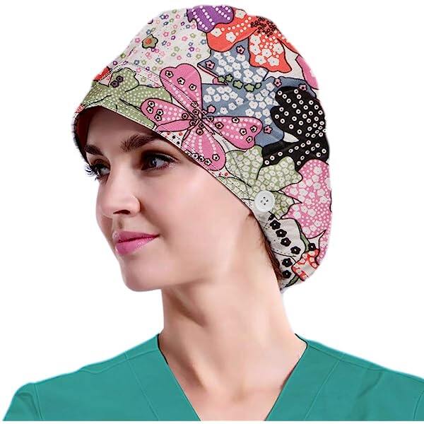 Women's Pink Flower Pattern Bouffant Hats Beanies - Working Cap Button Sweatband Adjustable
