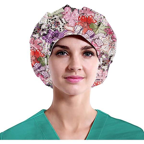 Women's Pink Flower Pattern Bouffant Hats Beanies - Working Cap Button Sweatband Adjustable