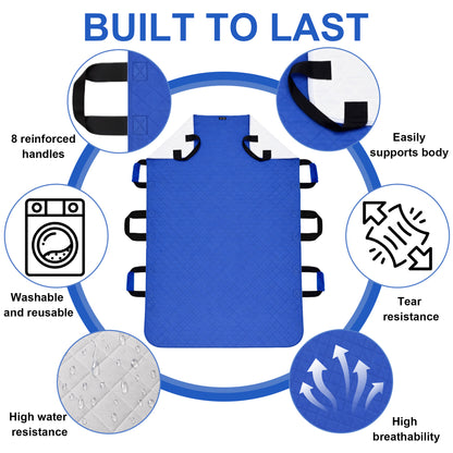 34" x 52" Positioning Bed Pad, Waterproof Transfer Sheet with 8 Reinforced Handles, Washable Reusable Patient Moving Pad(blue)