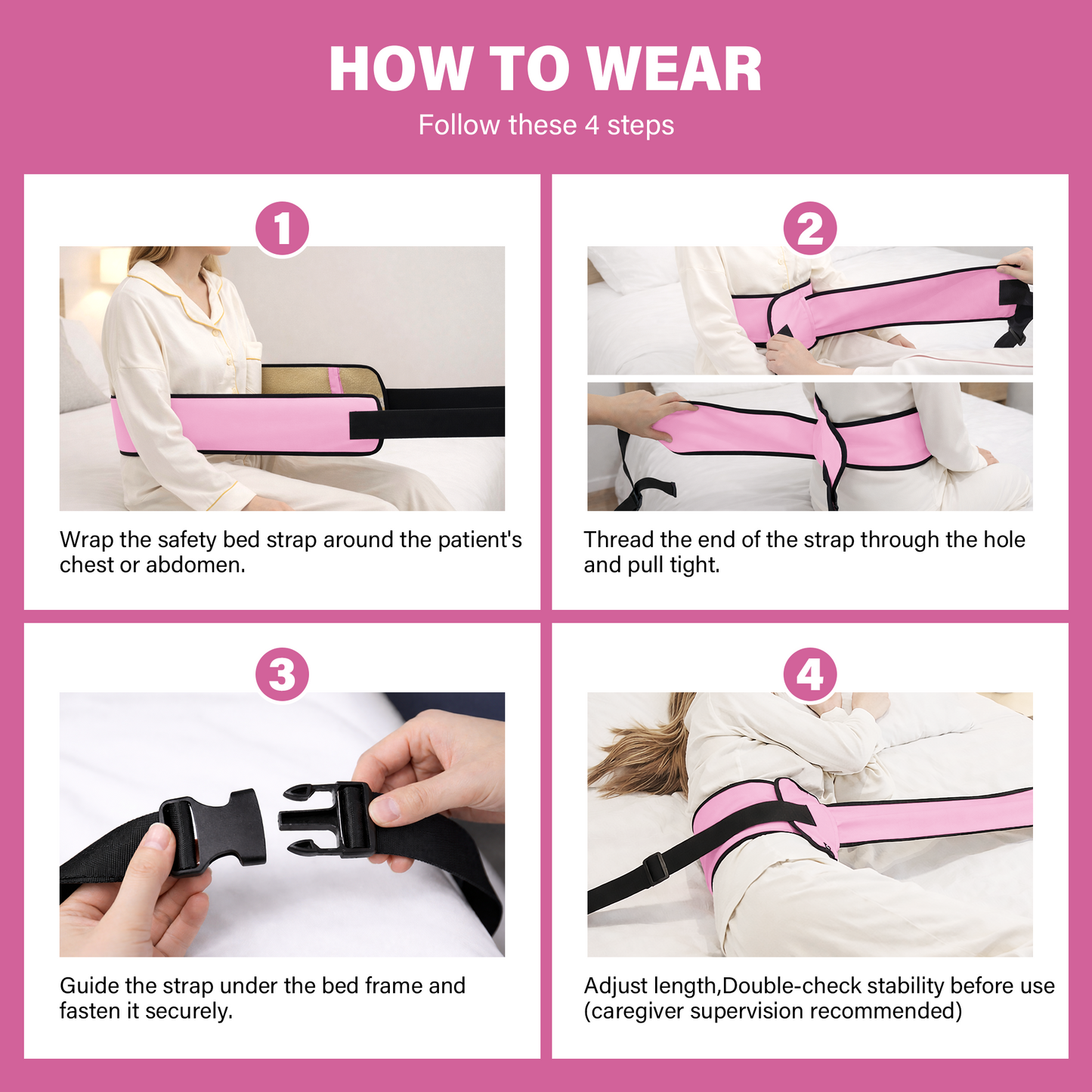 SPRING SEAON Bed Support Strap - Adjustable Positioning Belt for Bed & Wheelchair, 51.7 * 7" Padded Waist Belt Pink