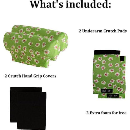 Underarm Crutch's Pad and Hand Grip Covers Universal Forearm Handle Padded Cushion Sets Accessories for Crutches (Green Flower)