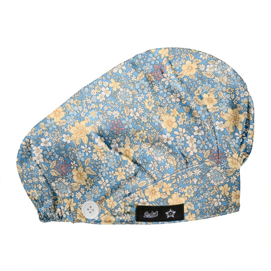 Women's Yellow Flower Bouffant Hats Beanies Working Cap Button Sweatband Adjustable