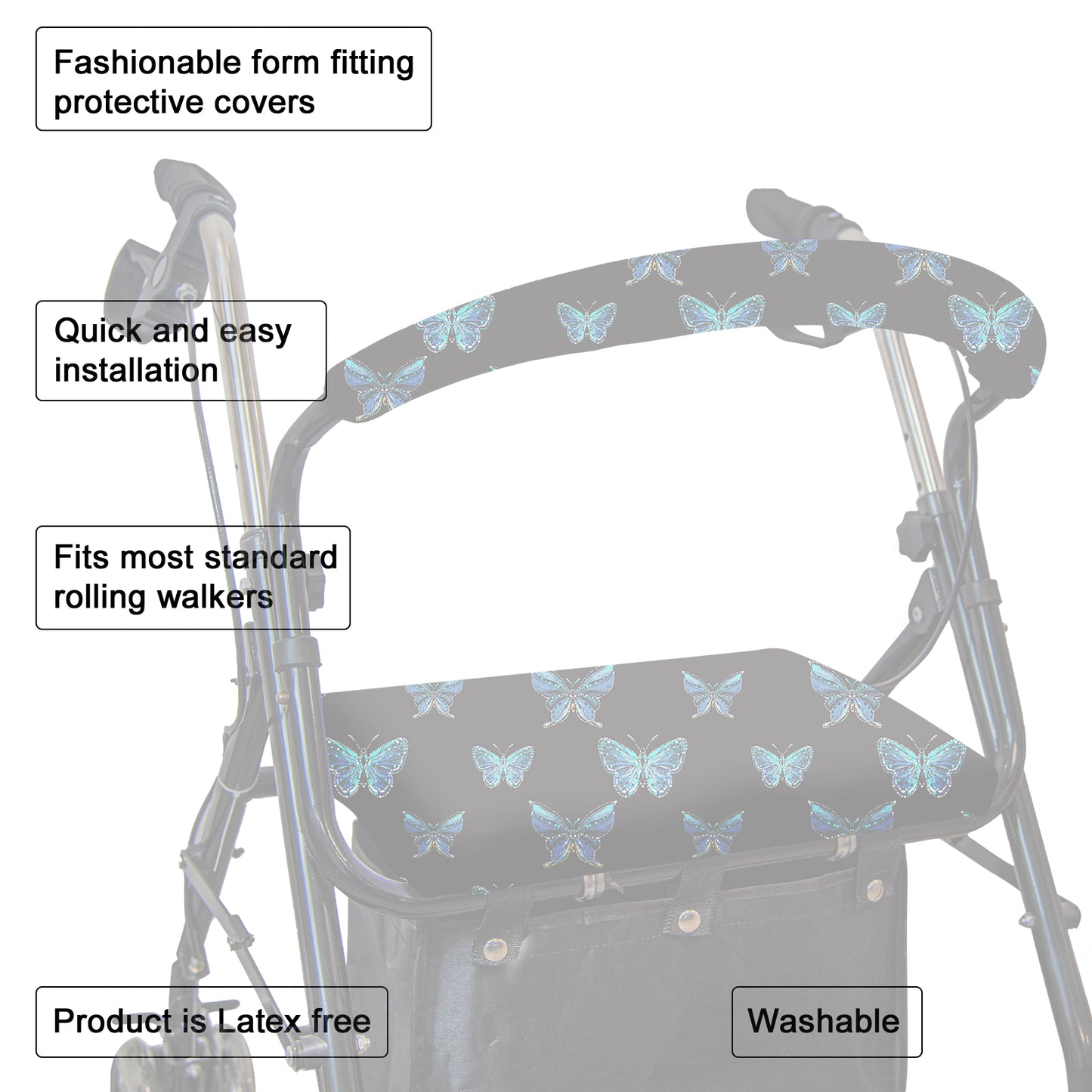 Unisex Rollator Walker Seat and Backrest Covers - Universal Soft Rollator Accessories (blue butterfly)