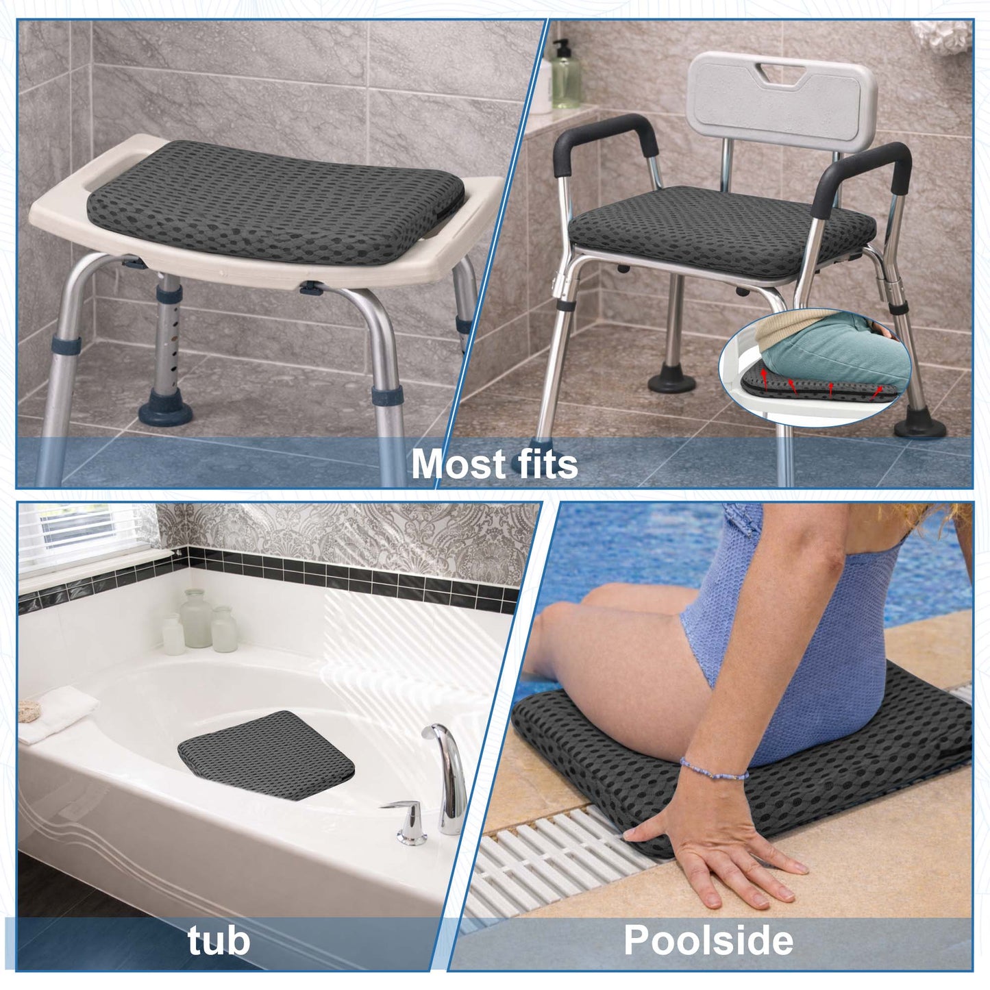 SPRING SEAON Non-Slip Gel Shower Chair Cushion – Quick-Dry Mesh Bath Seat Pad for Seniors(gray)