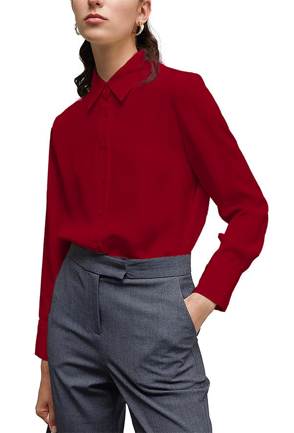 Women's Classic Long Sleeve Collared Chiffon Blouse in Wine Red