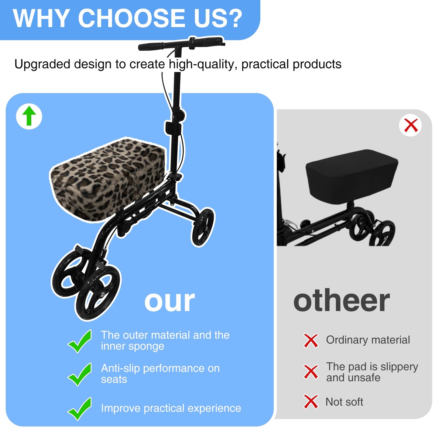 SPRING SEAON Knee Scooter Pad Cover - Soft Fluffy Plush Memory Foam 2 Inch Thick Universal Fit (Black)