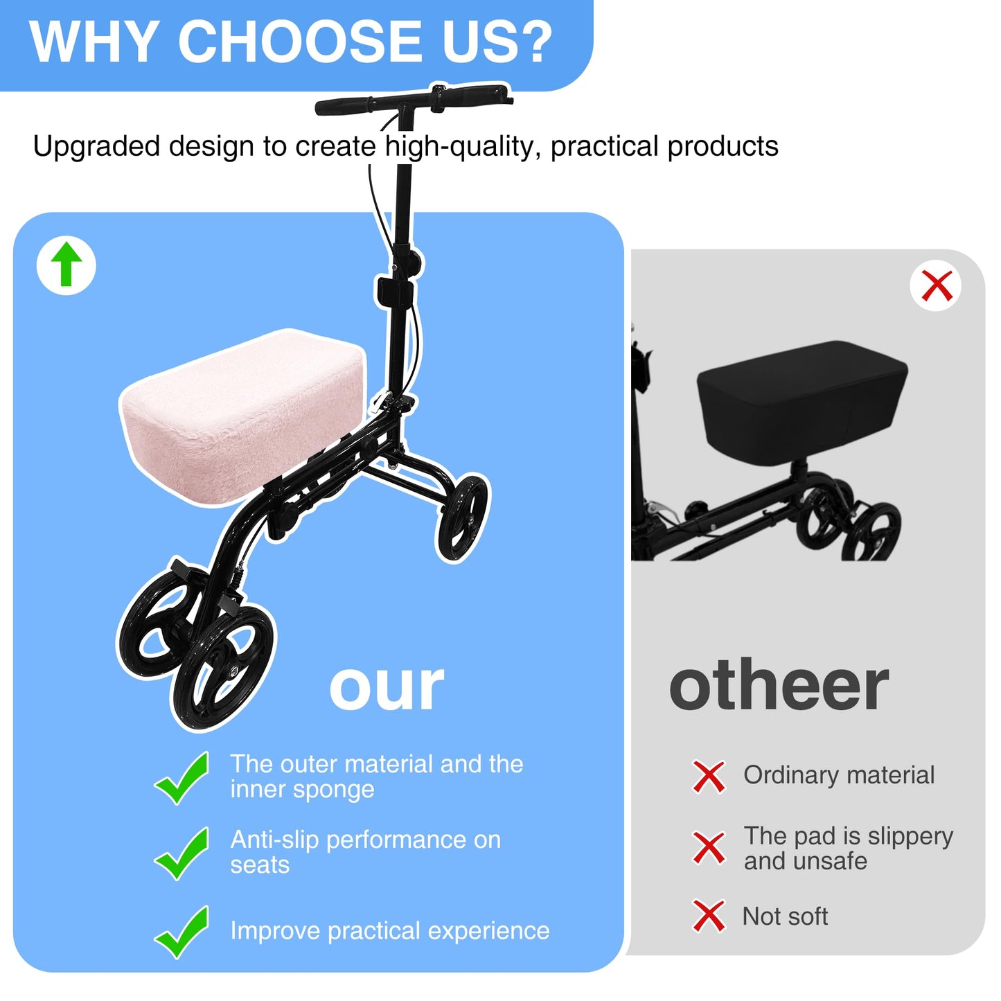 SPRING SEAON Knee Scooter Pad Cover - Soft Fluffy Plush Memory Foam 2 Inch Thick Universal Fit (Black)