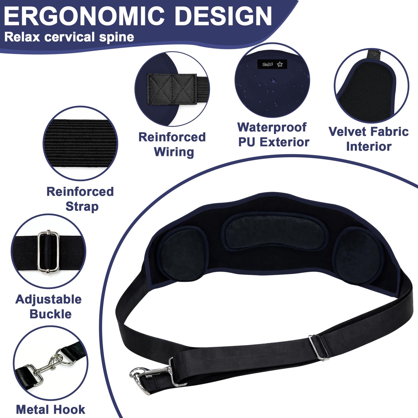 SPRING SEAON Adjustable Neck Hammock Neck Stretcher - Portable with 2 Pads for Home & Office (Navy Blue)
