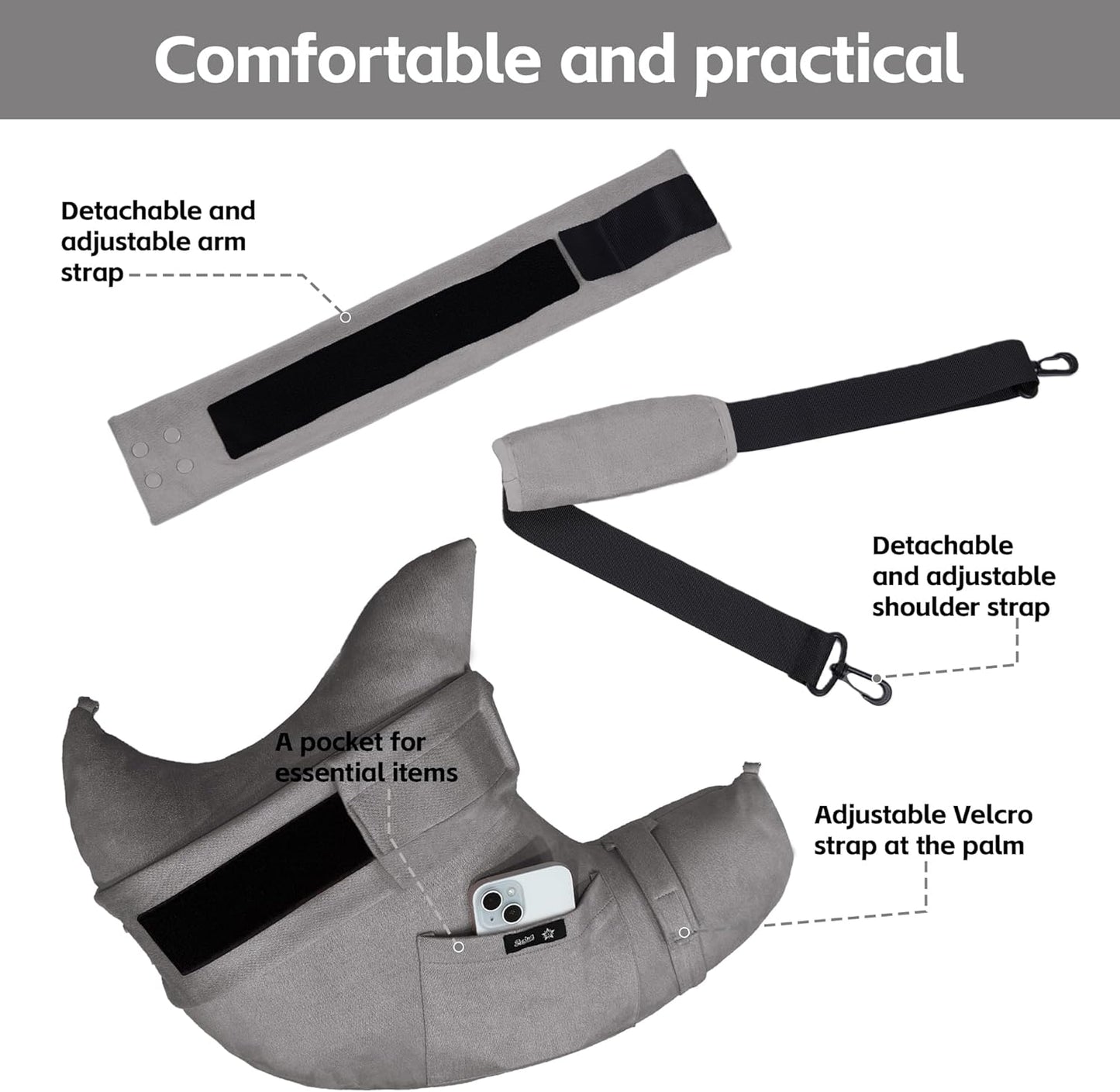 SPRING SEAON Shoulder Support Pillow with Pocket - Breathable Arm Support Cushion for Side Sleepers (Grey)