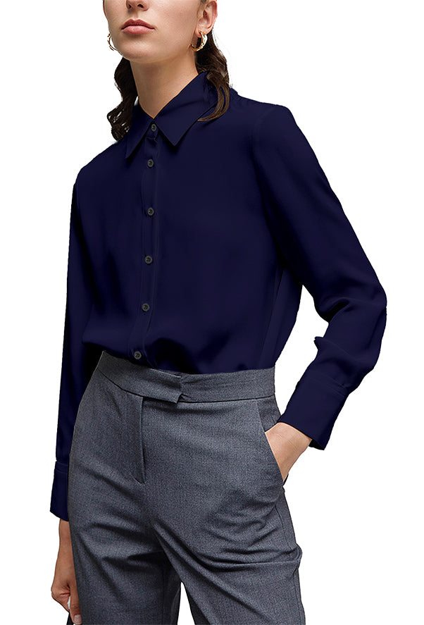 Women's Classic Long Sleeve Collared Chiffon Blouse in Navy Blue