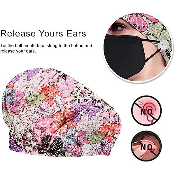 Women's Pink Flower Pattern Bouffant Hats Beanies - Working Cap Button Sweatband Adjustable