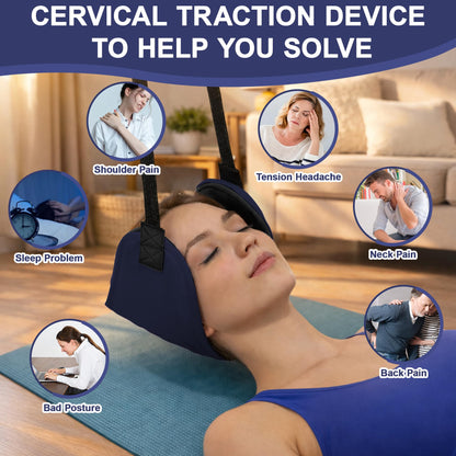 SPRING SEAON Adjustable Neck Hammock Neck Stretcher - Portable with 2 Pads for Home & Office (Navy Blue)
