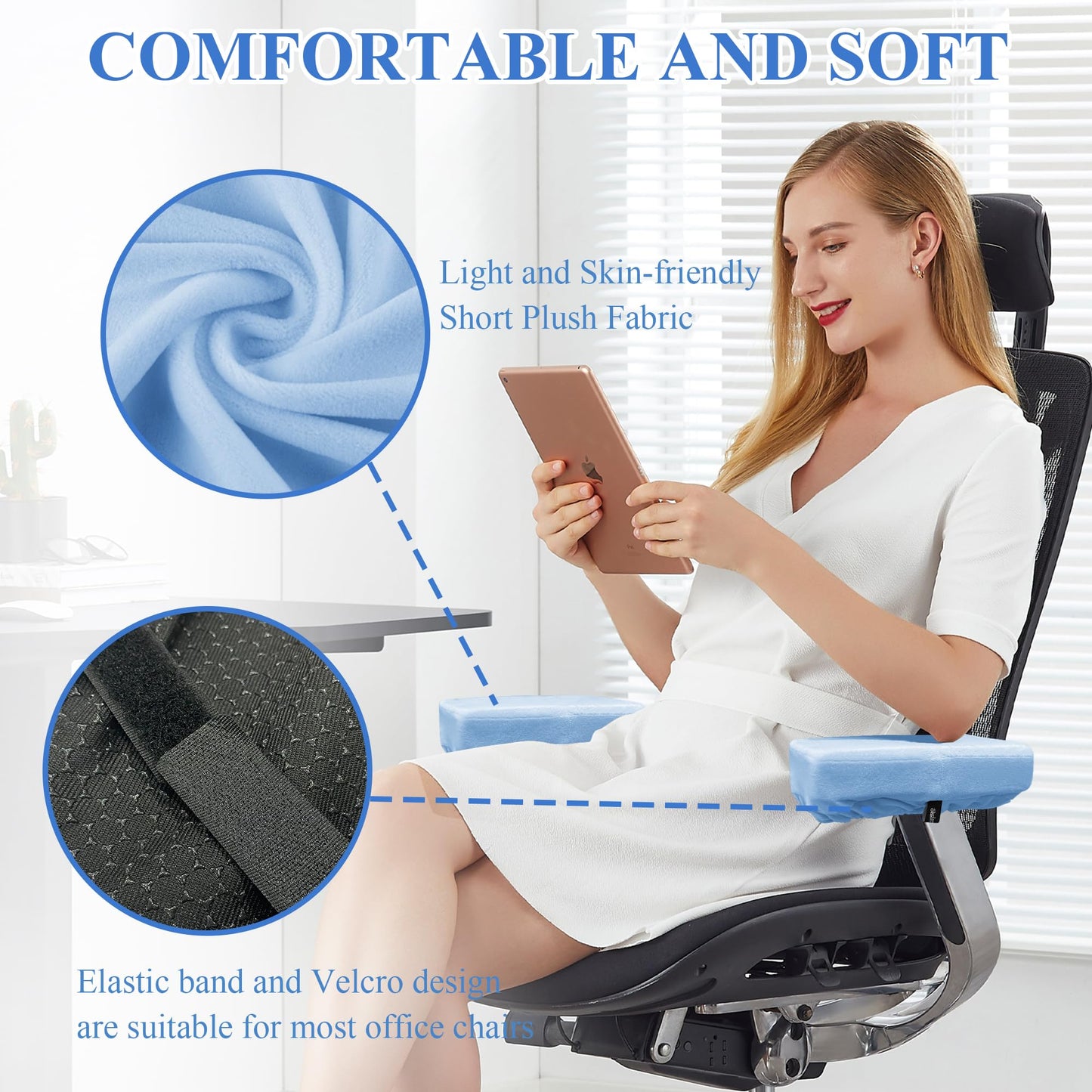 SPRING SEAON Office Chair Arm Covers - Soft Memory Foam Armrest Pads Short Plush 2 Pack (Light Blue)