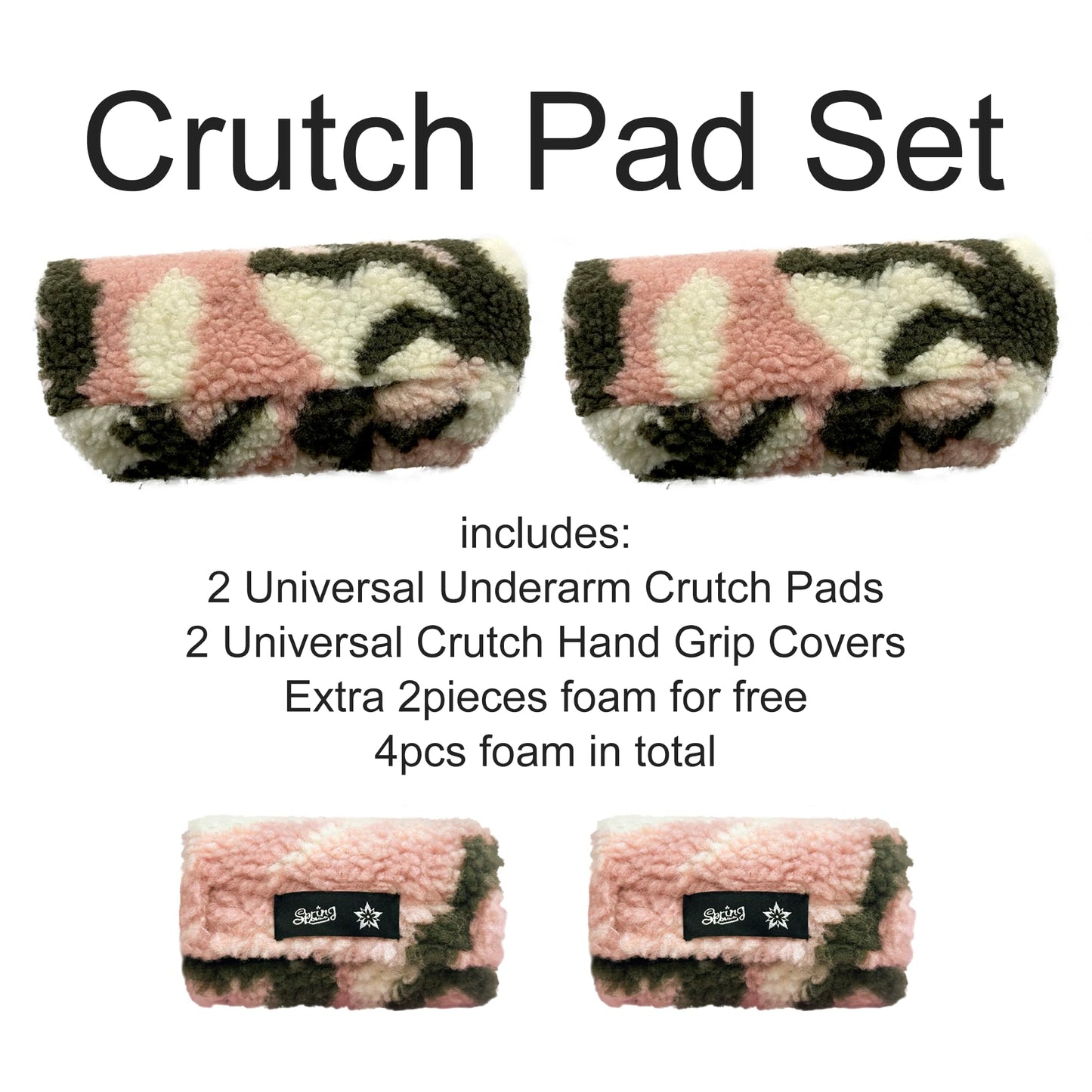 Pink Camo Sherpa Crutch Pad & Hand Grip Covers - Universal Fit Cushion (6-Piece Kit)