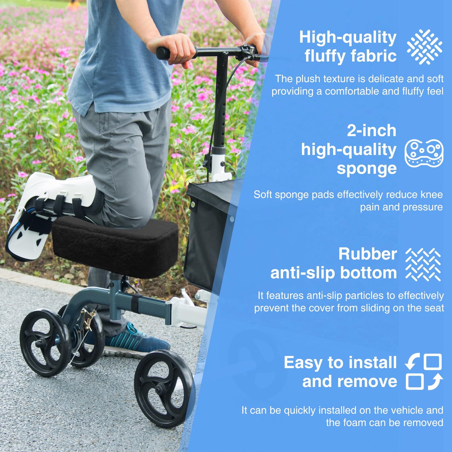 SPRING SEAON Knee Scooter Pad Cover - Soft Fluffy Plush Memory Foam 2 Inch Thick Universal Fit (Black)