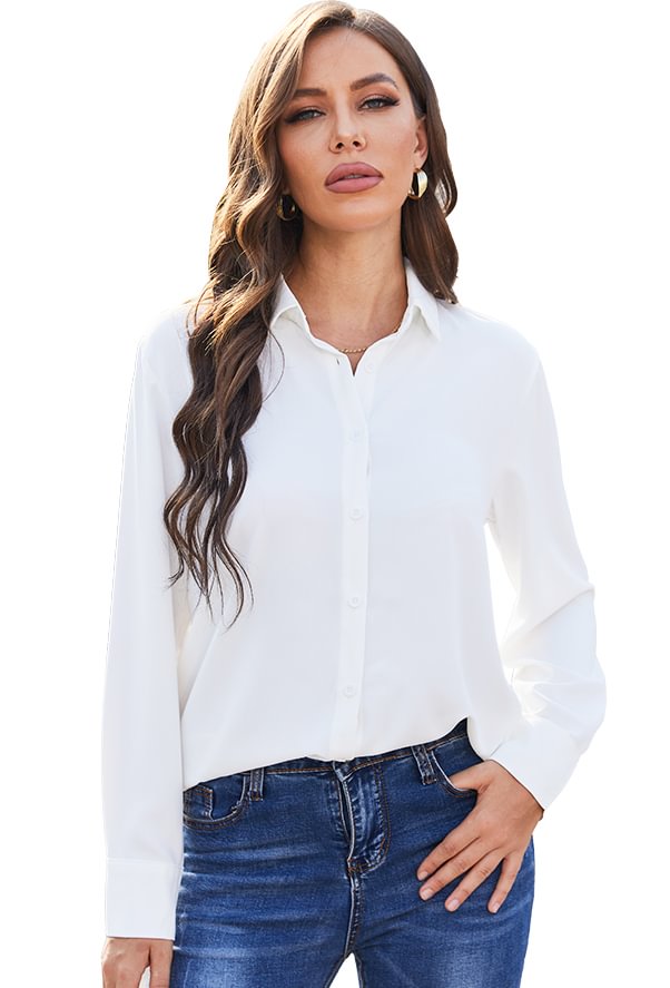 Women's Classic Long Sleeve Collared Chiffon Blouse in White