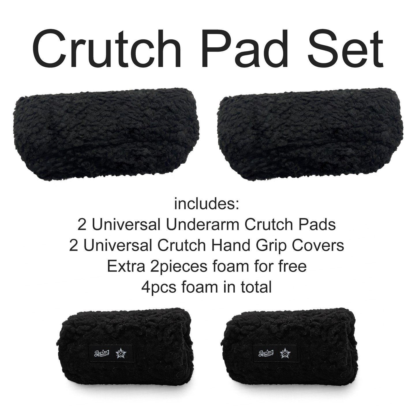 SPRING SEAON Black Sherpa Crutch Pad & Hand‑Grip Covers–Universal Fit,Cushion for Crutches