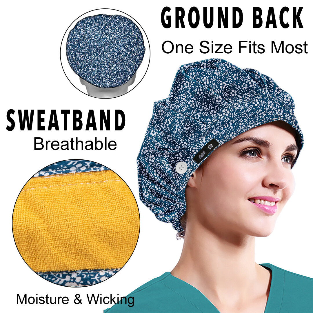 Women's  Flower Bouffant Hats Beanies Working Cap Button Sweatband Adjustable