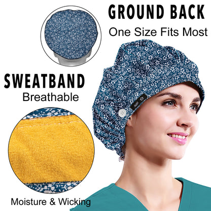 Women's  Flower Bouffant Hats Beanies Working Cap Button Sweatband Adjustable