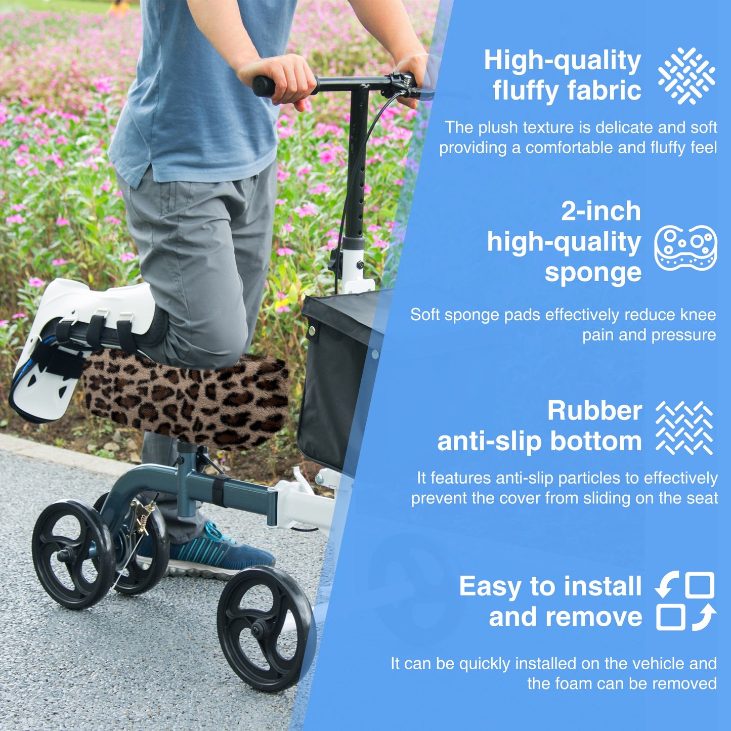 Khaki Leopard-​SPRING SEAON Knee Scooter Pad Cover - Soft Fluffy Plush Memory Foam 2 Inch Thick 