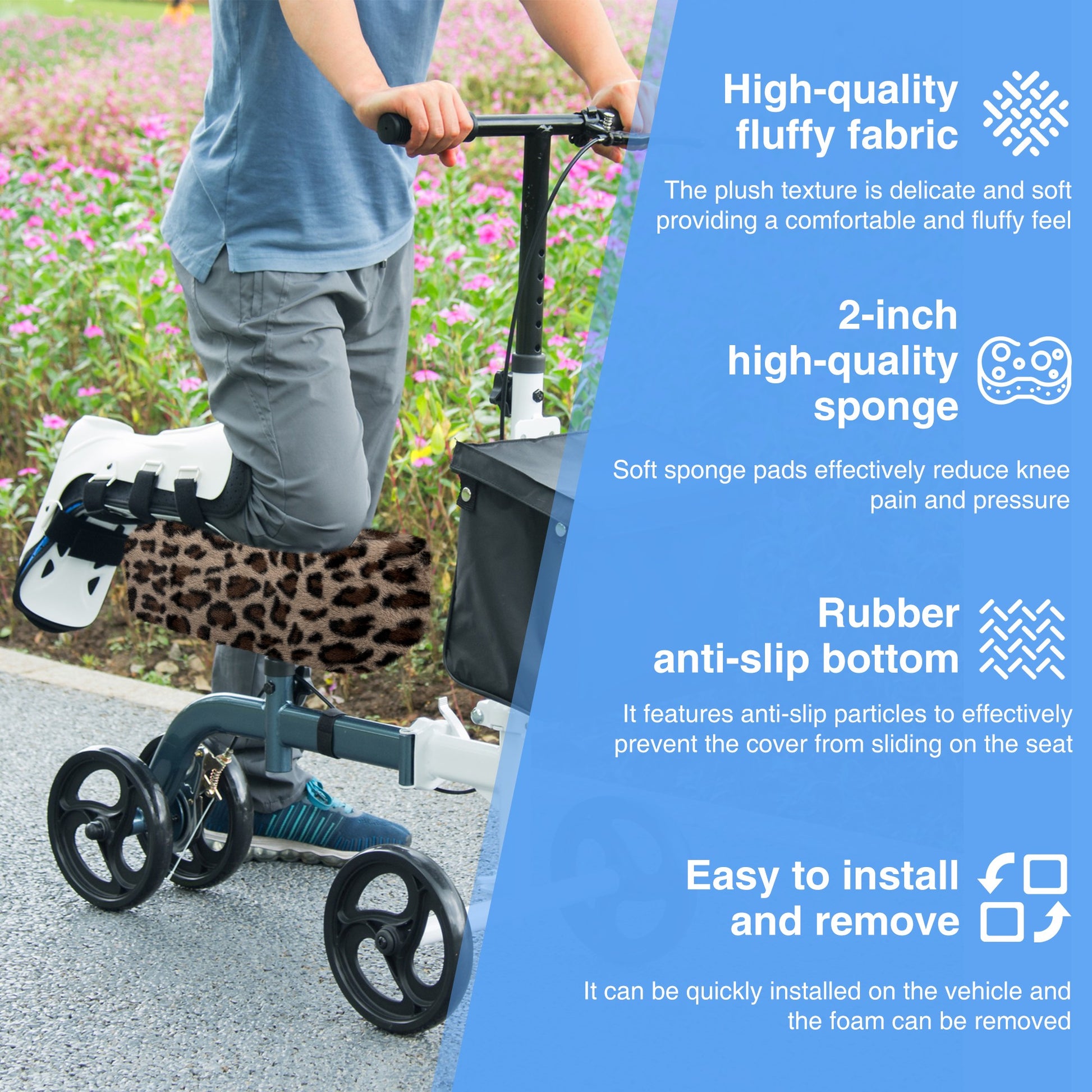 Khaki Leopard-​SPRING SEAON Knee Scooter Pad Cover - Soft Fluffy Plush Memory Foam 2 Inch Thick 