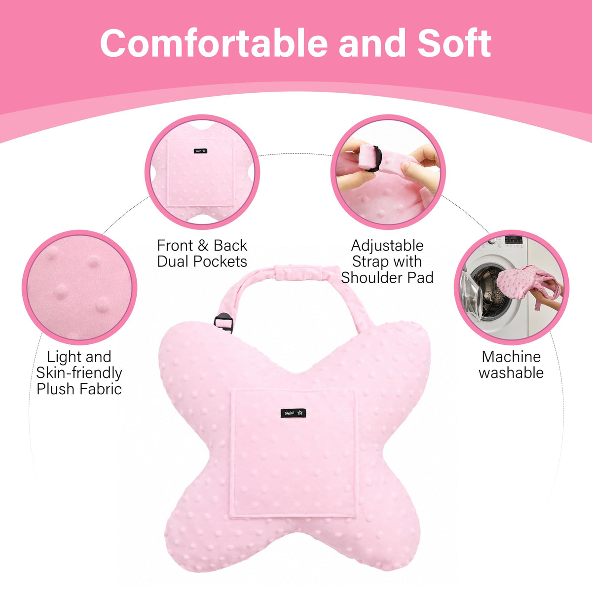 Pink-​SPRING SEAON Butterfly Chest Support Pillow with Adjustable Strap & Dual Pockets 