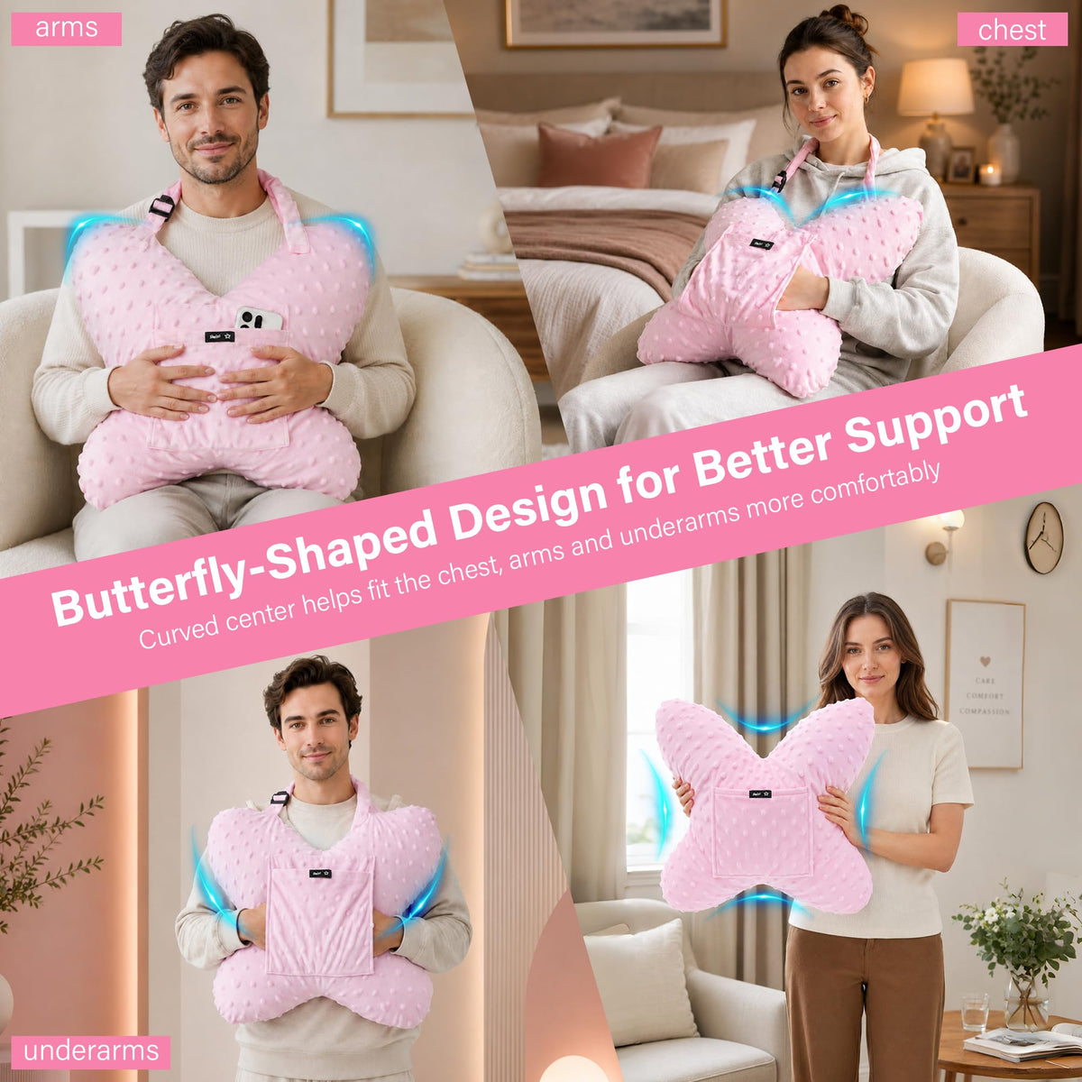 Pink-​SPRING SEAON Butterfly Chest Support Pillow with Adjustable Strap & Dual Pockets 