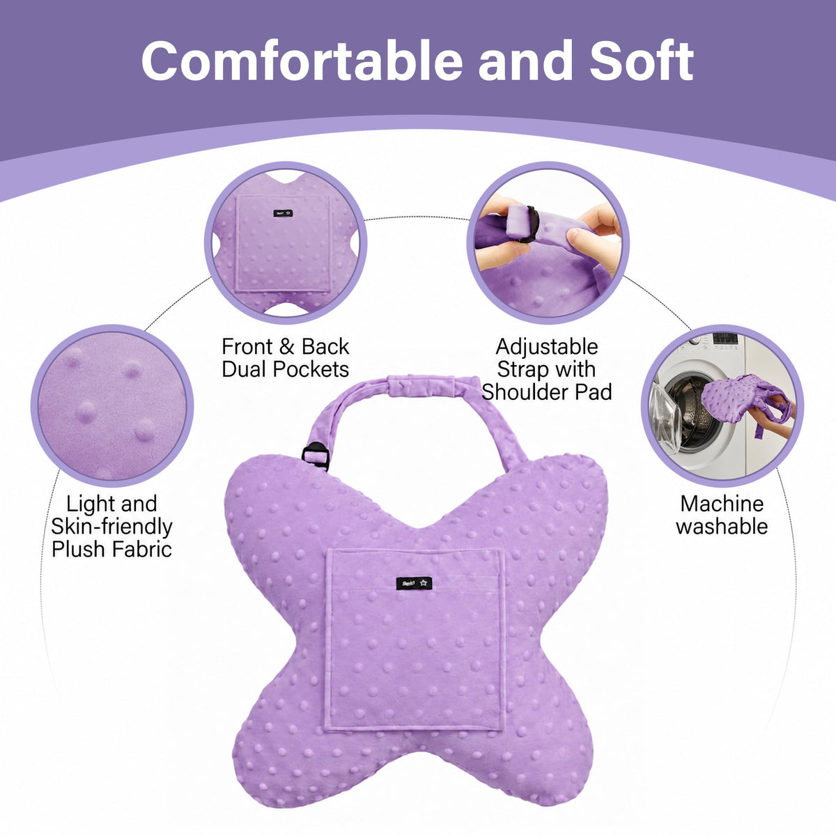 Purple-​SPRING SEAON Butterfly Chest Support Pillow with Adjustable Strap & Dual Pockets