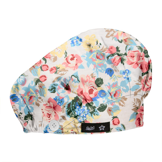 Women's Floral Printed Bouffant Hats Beanies Working Cap Button Sweatband Adjustable