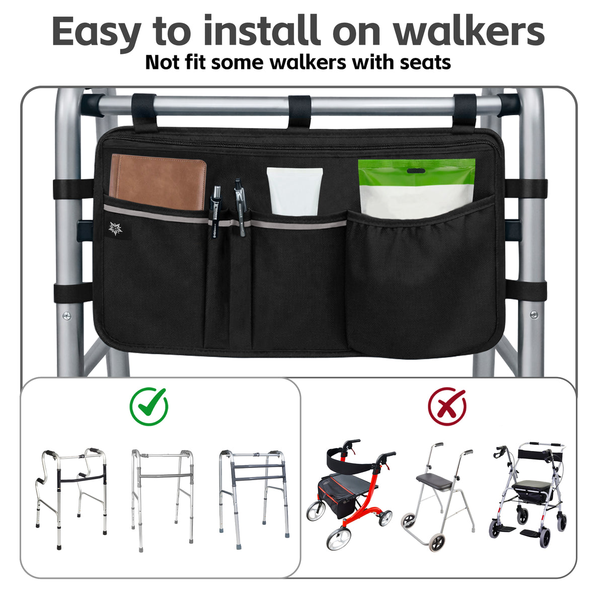 Color-​Walker Bag with Cup Holder - Water Resistant Organizer Storage Pouch for Folding Walkers Rollator - SpringSeaon